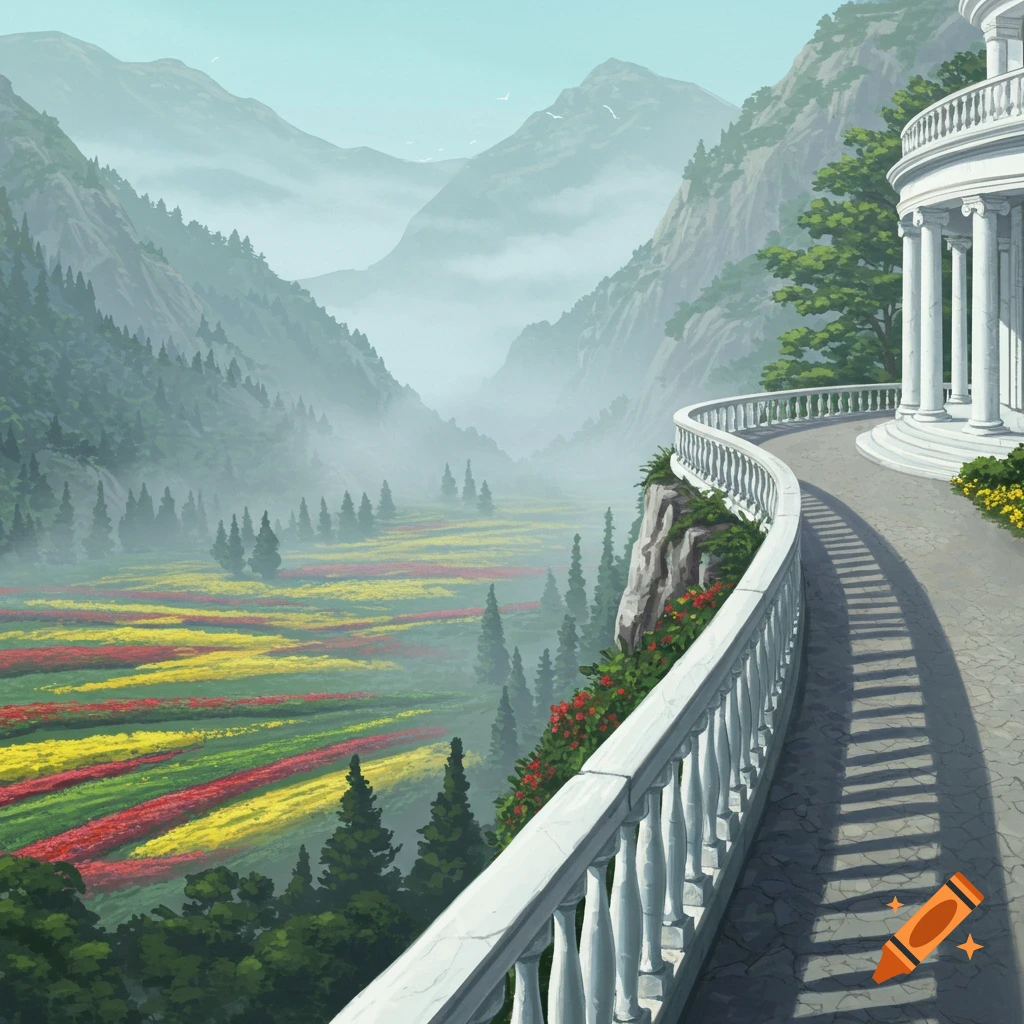 A white classical veranda with columns overlooks a misty mountain valley filled with rows of red, yellow, and green flowers and pine trees.