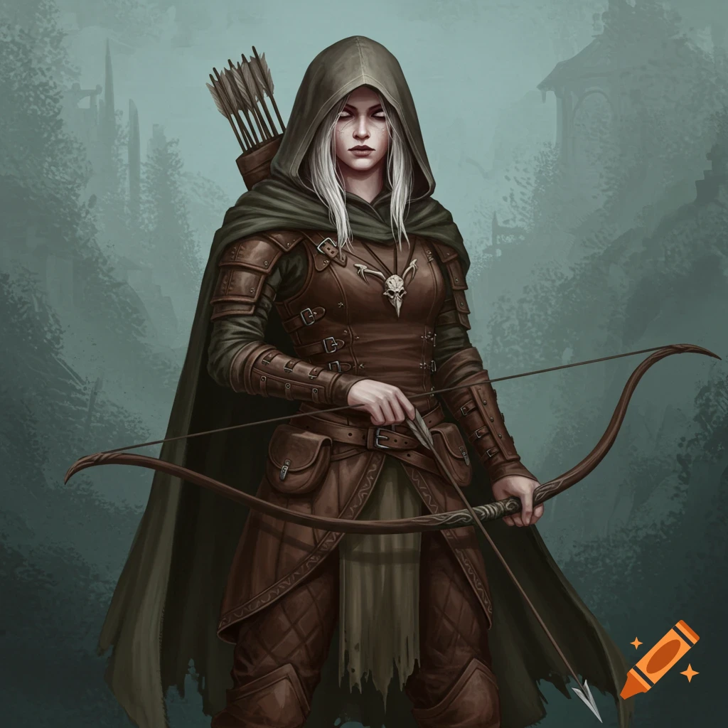 A pale-skinned female ranger in a hooded cloak and leather armor holds a bow, standing in a forest.
