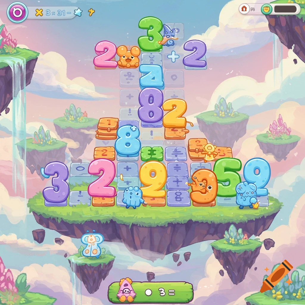 Cartoon math game with numbers, symbols, and characters on floating islands.
