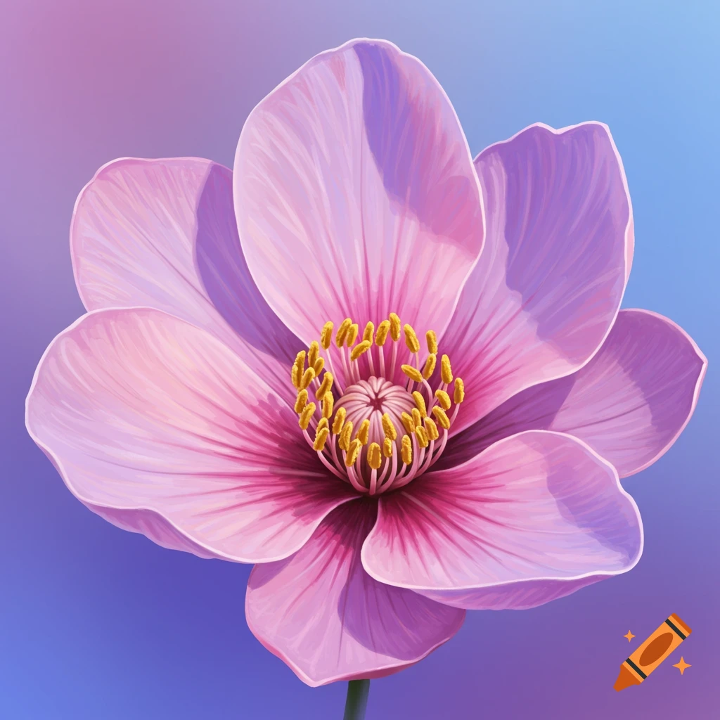 Close-up of a pink flower with yellow stamens against a purple and blue gradient background, artistic style.
