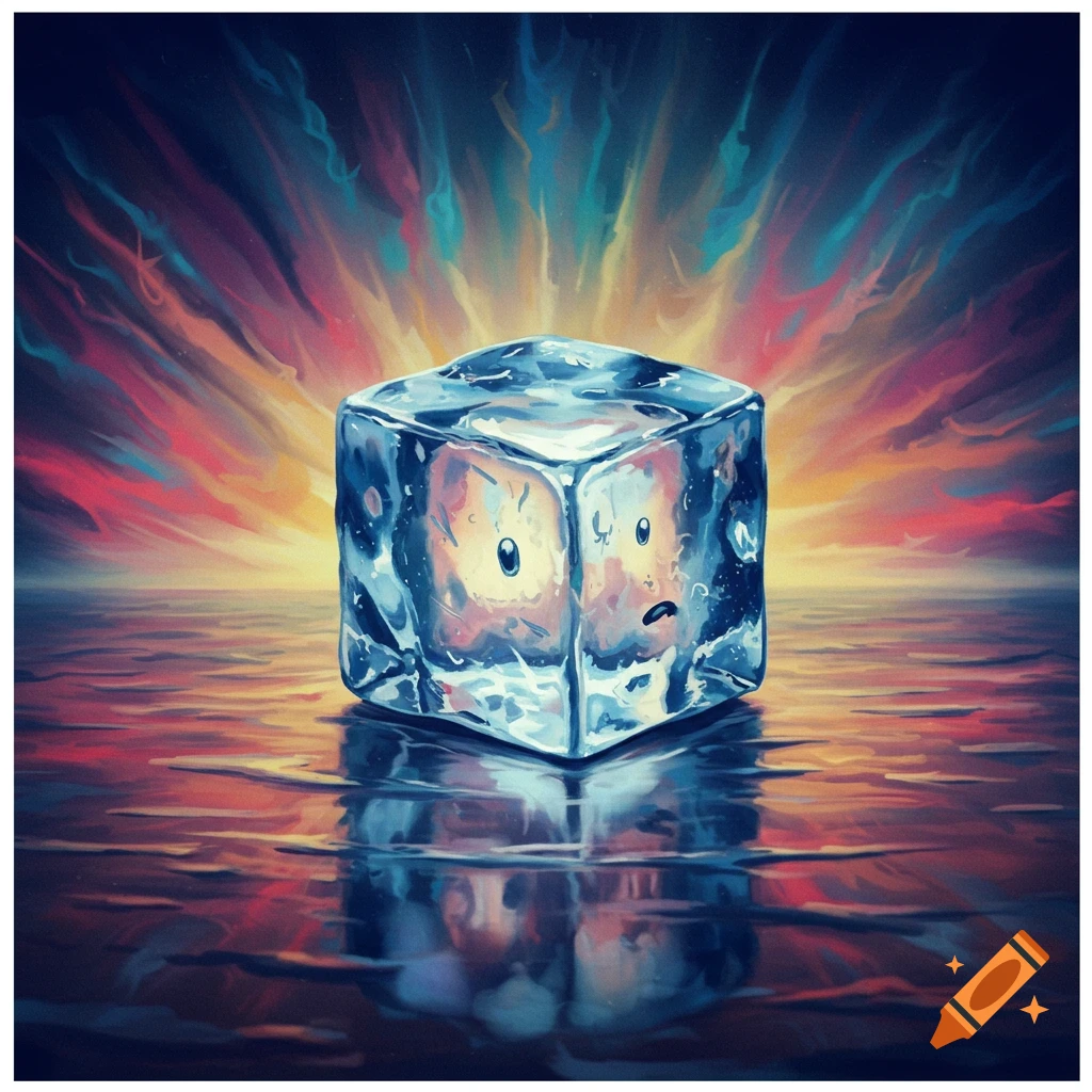 Illustration of a sad ice cube sitting in water with a colorful, abstract background.