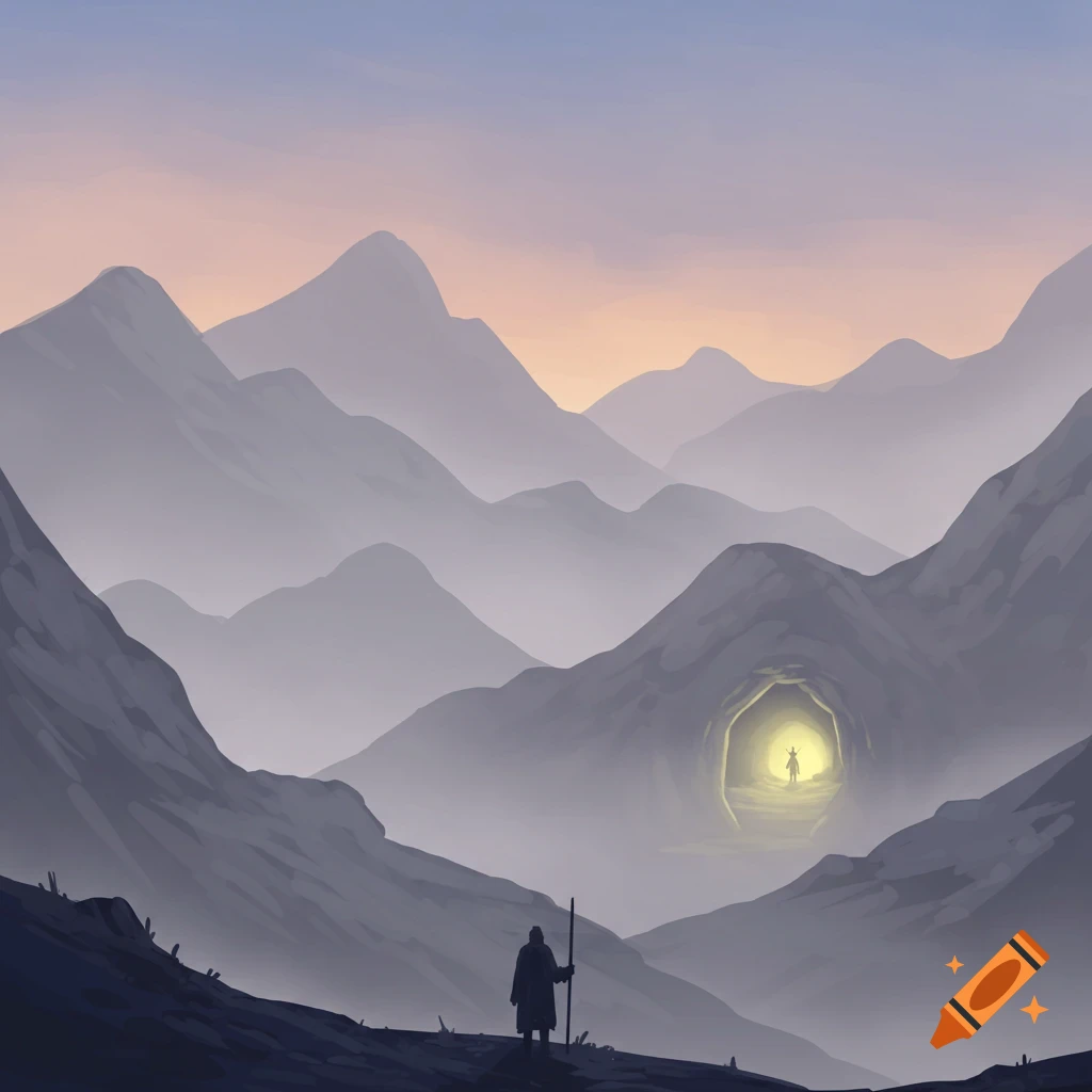 A person with a staff stands looking towards a glowing cave entrance in misty mountains at sunset.