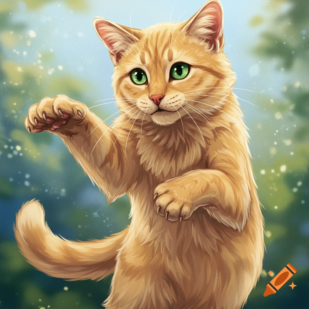 An illustrated orange tabby cat stands upright with one paw raised.