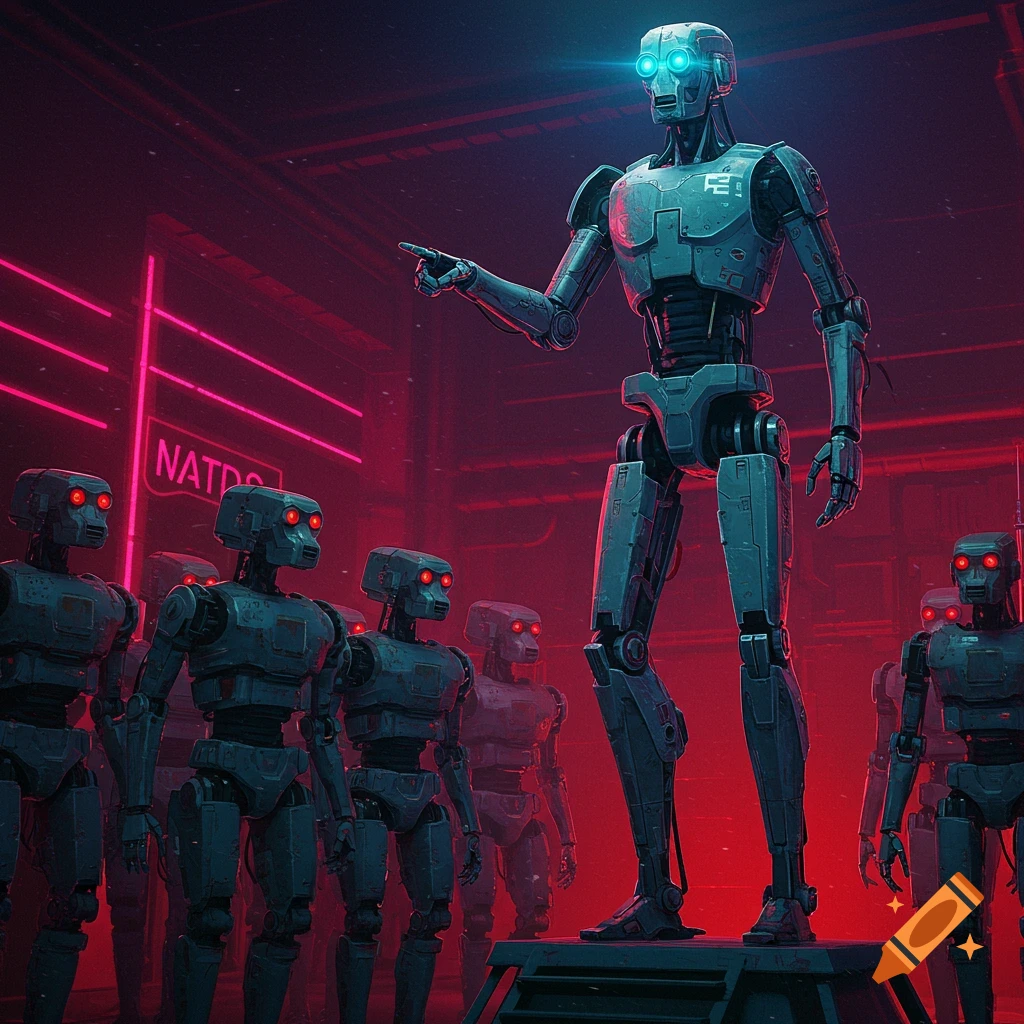 A large robot points from a platform at other robots in a red-lit futuristic room.