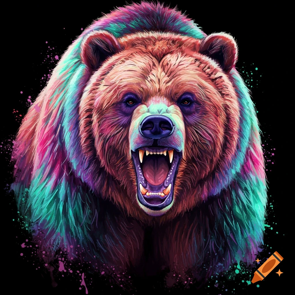 Close-up of a colorful tie-dye style grizzly bear growling with paint splatters on a black background.