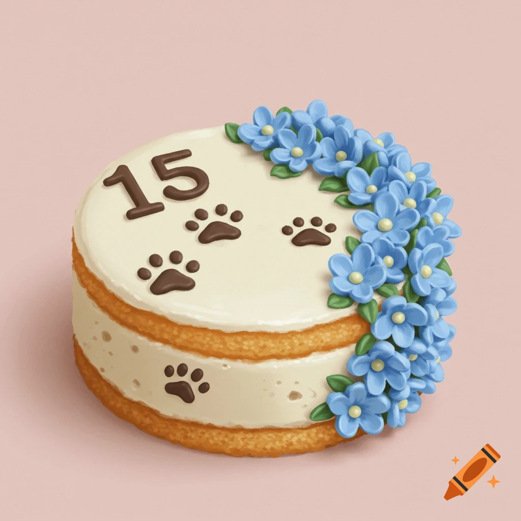Circle cake with blue flowers, number 15, and paw prints decoration mock-up design idea for party cake decorations DIY bake off ideas inspiration trends birthday cake decoration ideas bakeries baking food cakes fondant frosting buttercream icing fillings toppings cakes occasion seasonal flavors techniques recipes decorating tips presentation serving storage cake decorating for beginners intermediate advanced cake art edible art cake design