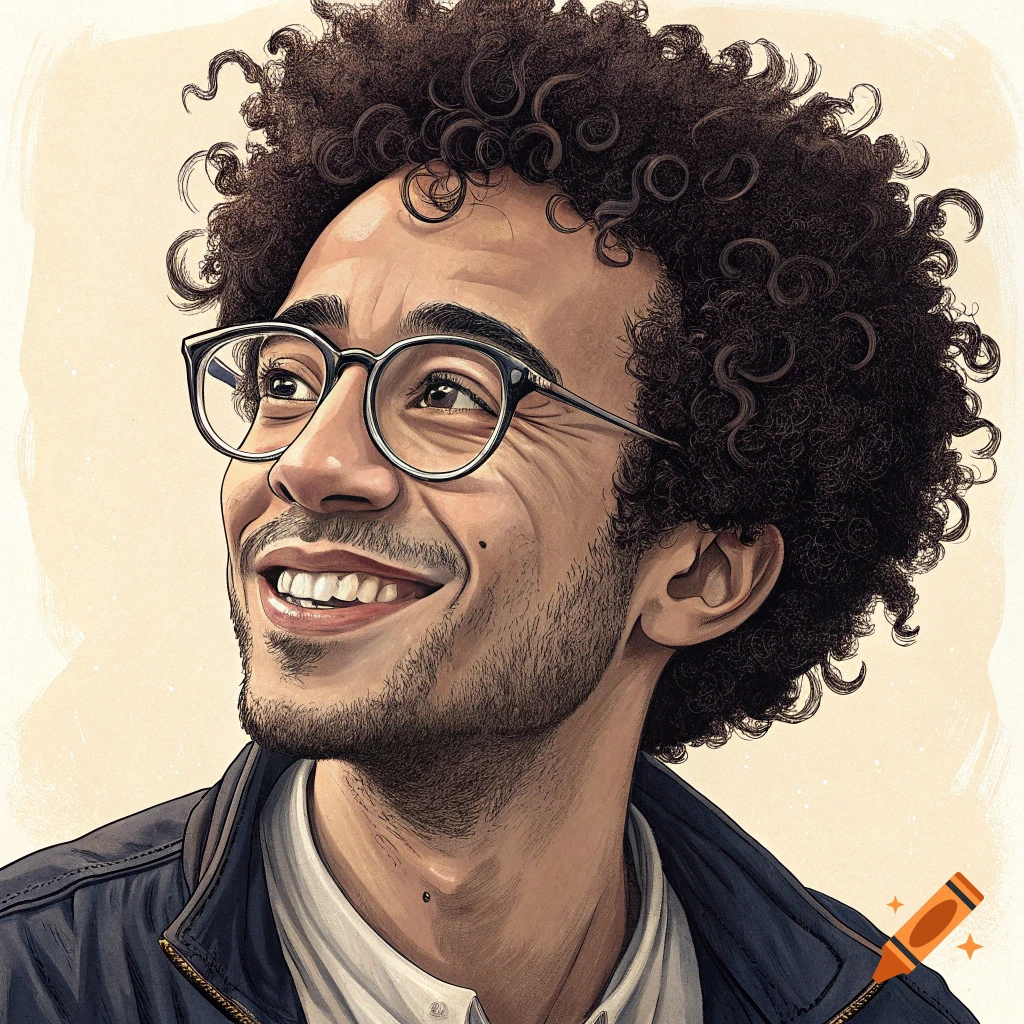 Illustration of a man with curly hair and glasses looking up and smiling.