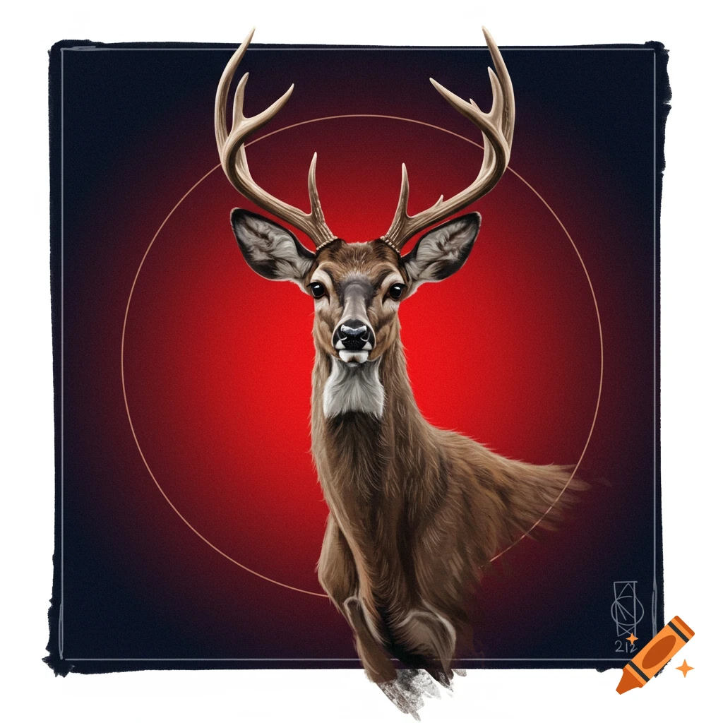 Illustration of a deer head with antlers, looking forward, against a dark red and black background with a faint circle.