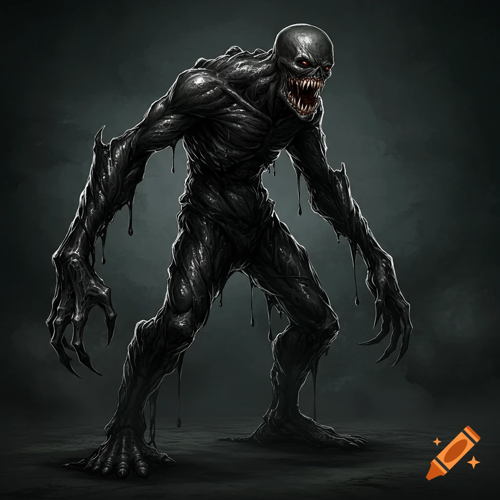 A dark, humanoid monster made of black goo stands with claws and sharp teeth.