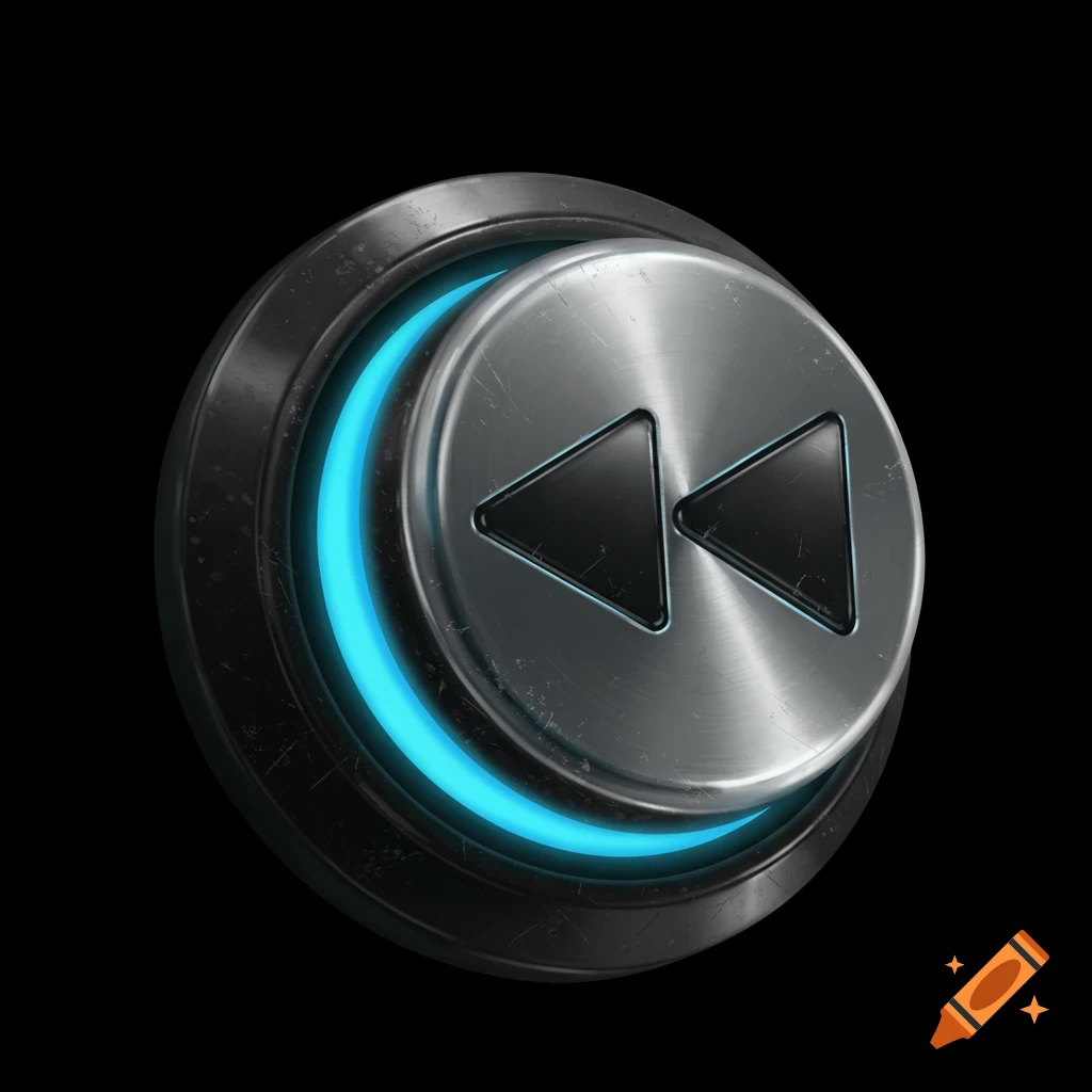 A metallic rewind button with a glowing blue ring.