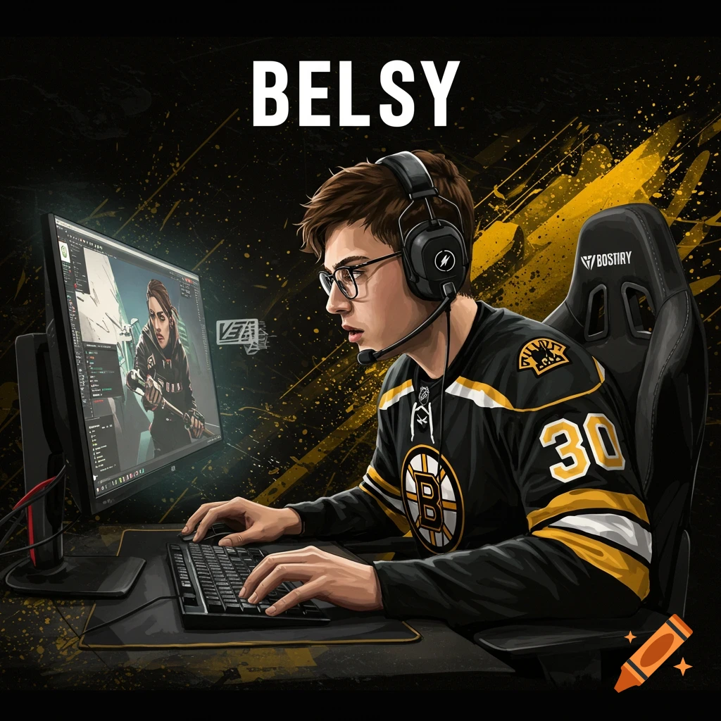 An illustrated gamer wearing a Boston Bruins jersey plays on a computer. The gamer tag BELSY is displayed.
