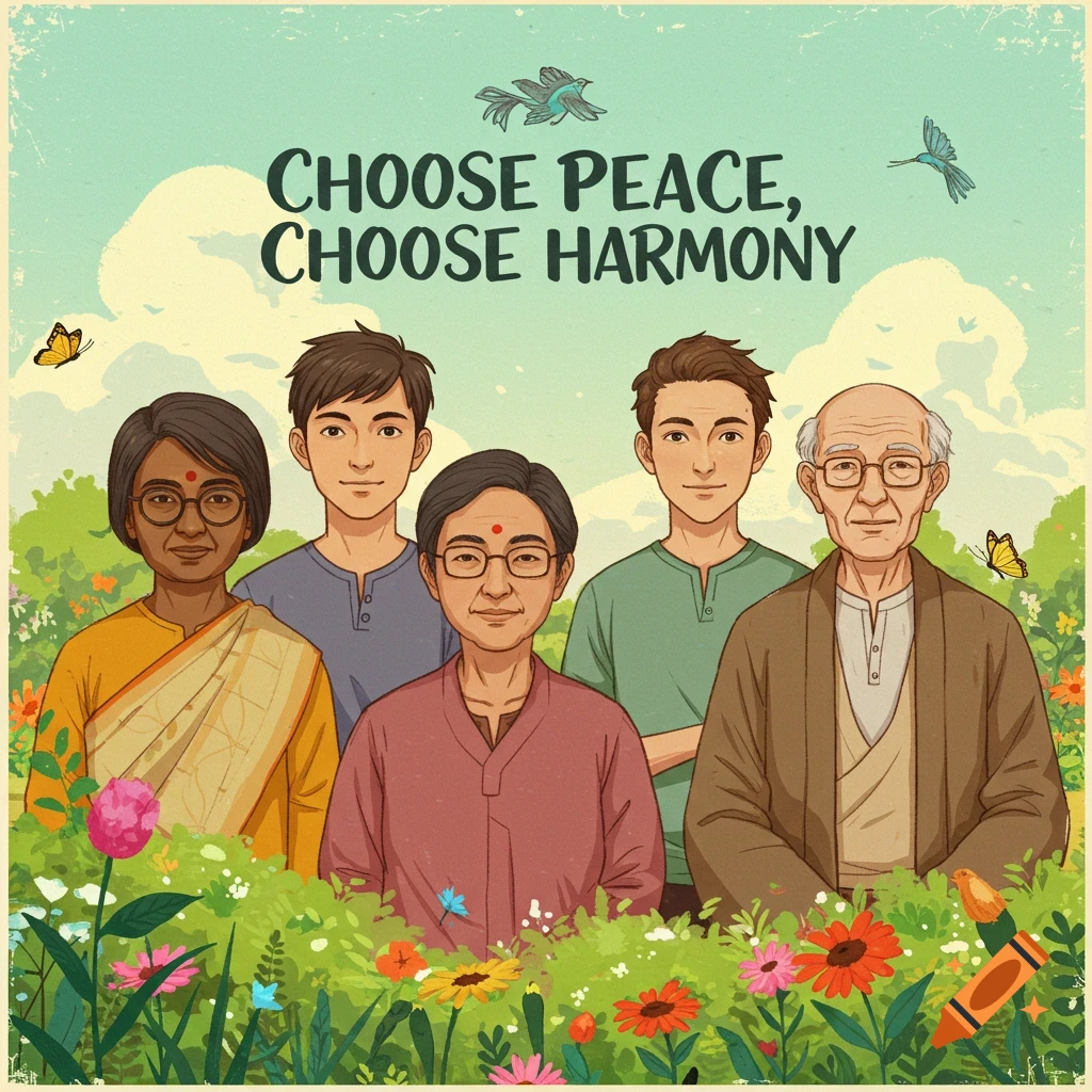 Peace propaganda poster promoting simple, peaceful lifestyle and harmony