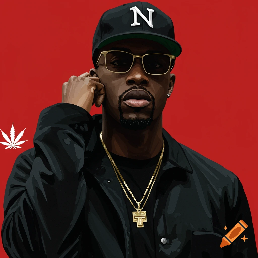 Illustration of a man wearing a baseball cap, sunglasses, and gold chains, with a cannabis leaf symbol.