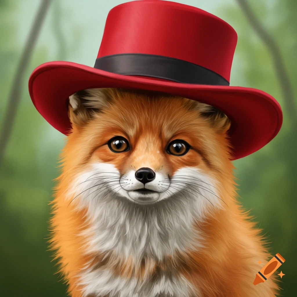 A cute fox wearing a red top hat.