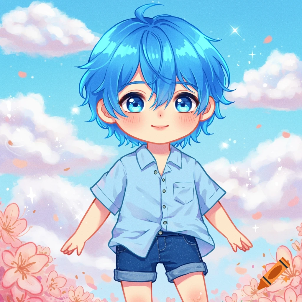 Cute anime boy with blue hair standing among pink flowers under a bright sky.