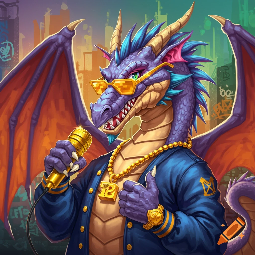 A purple and blue dragon wearing sunglasses, gold chain, and jacket, holding a microphone, in front of graffiti.