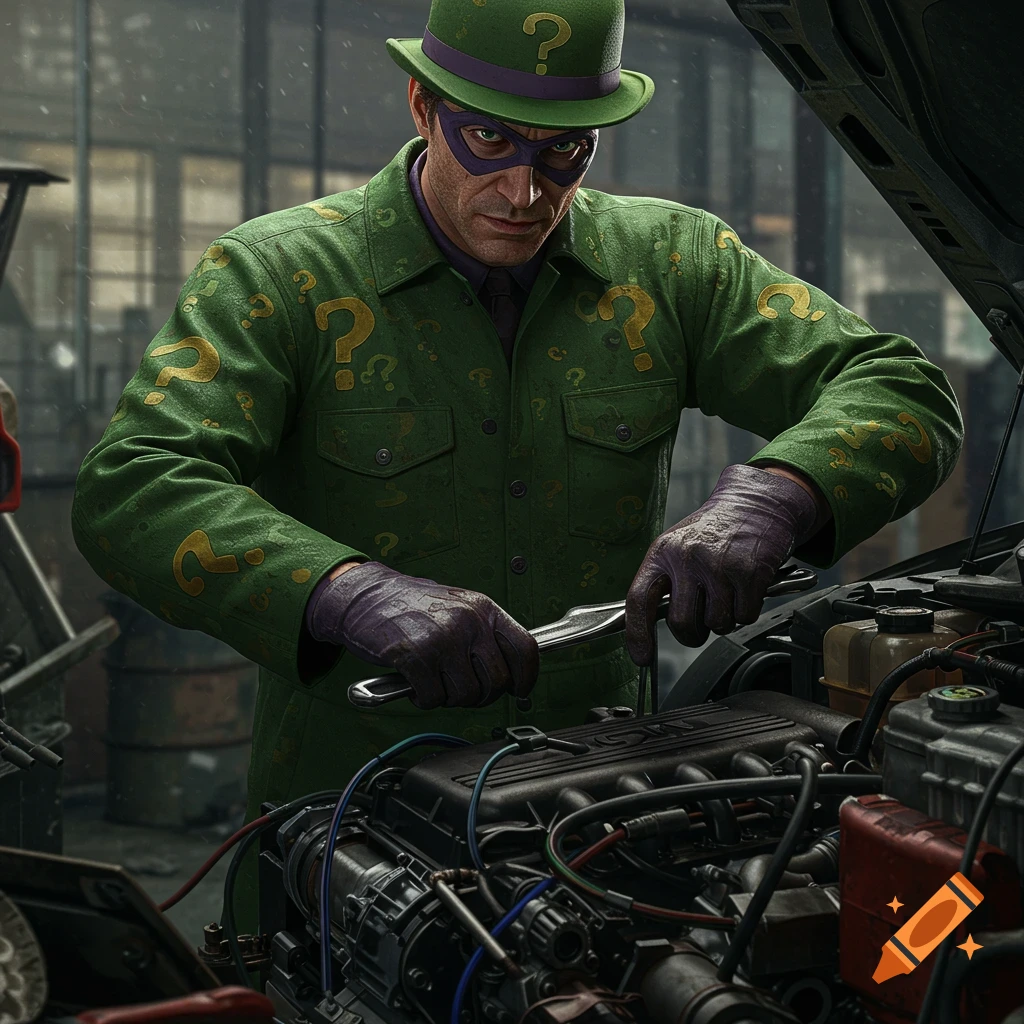 The Riddler, wearing his signature question mark suit, mask, and hat, works on a car engine in a garage, holding a wrench.