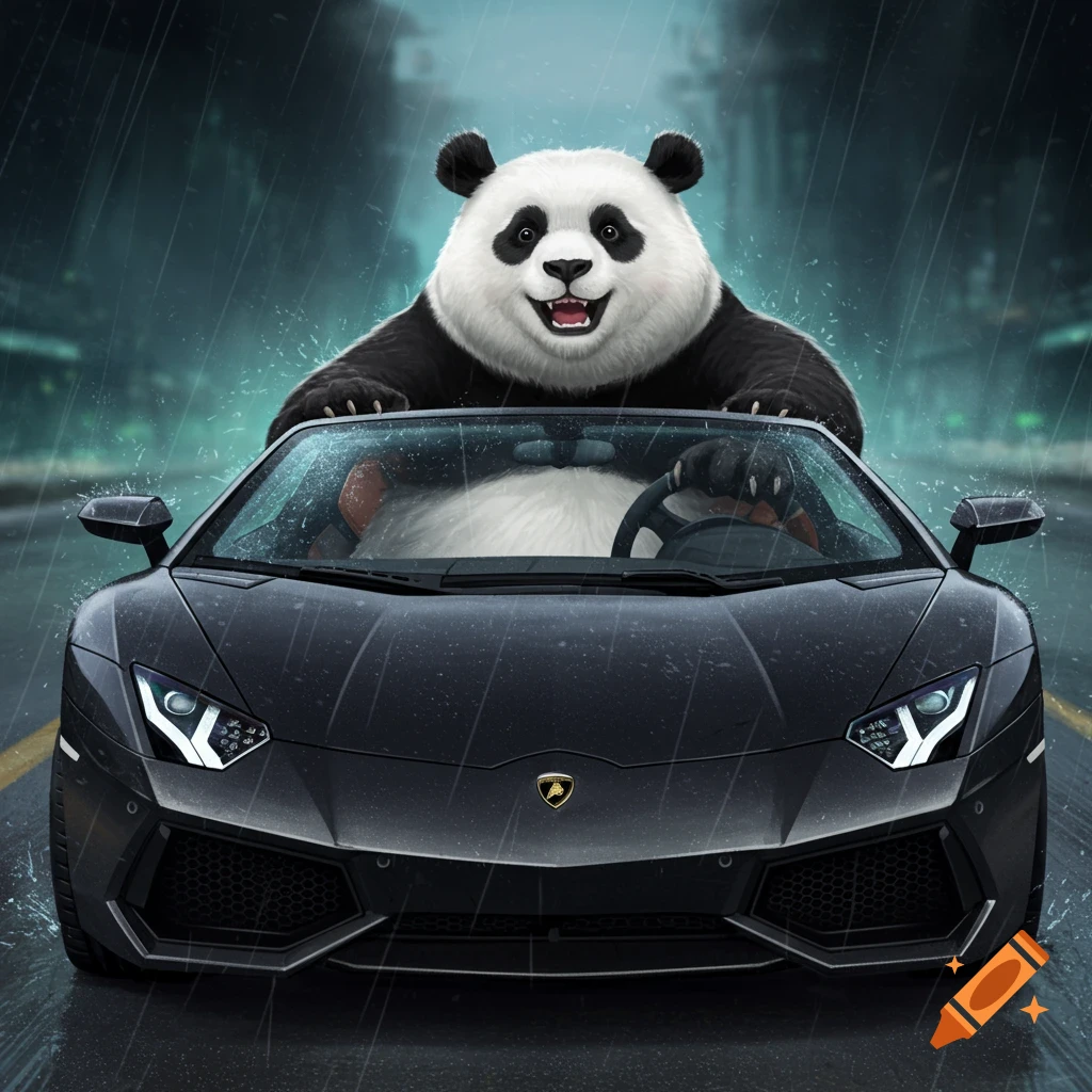 A panda drives a black Lamborghini convertible in the rain. Digital art.