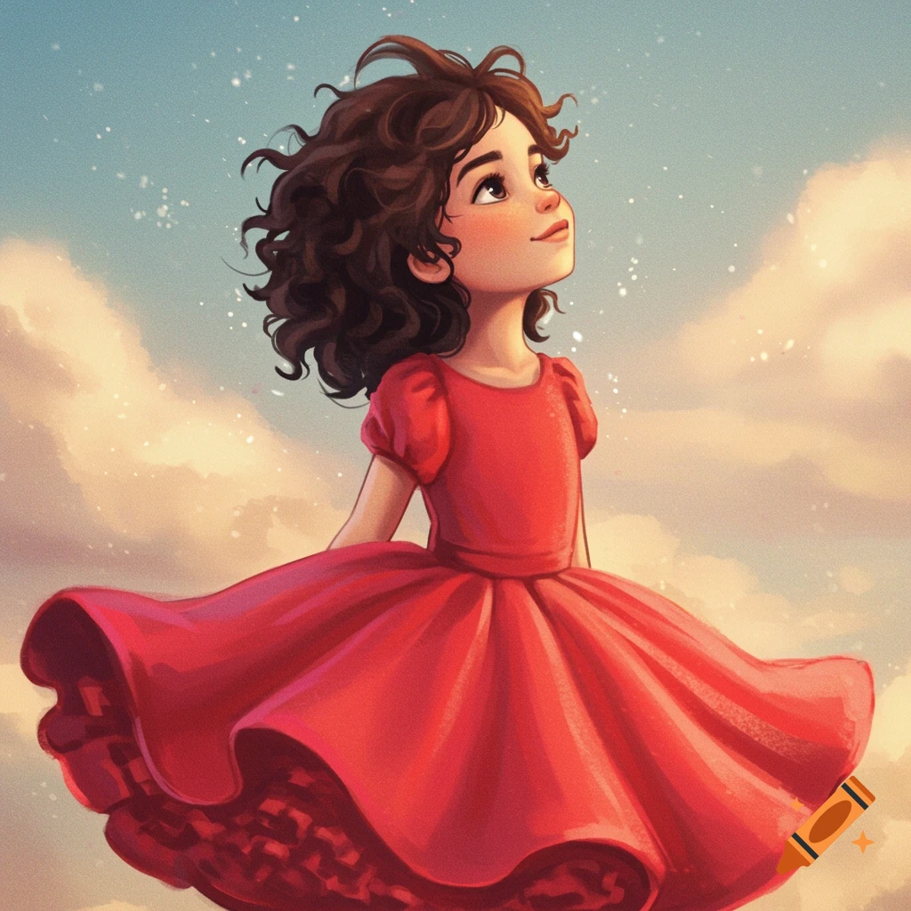 Illustrated portrait of a young girl in a flowing red dress looking up at a cloudy sky.