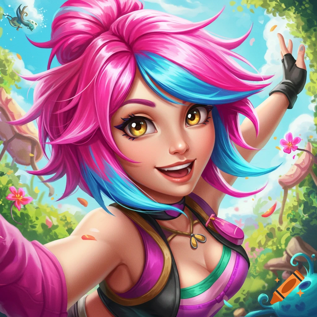 Stylized illustration of a girl with pink and blue hair taking a selfie in a bright fantasy forest.