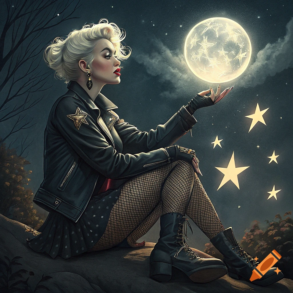 Woman in punk clothes sitting outdoors at night, holding the moon, surrounded by stars.