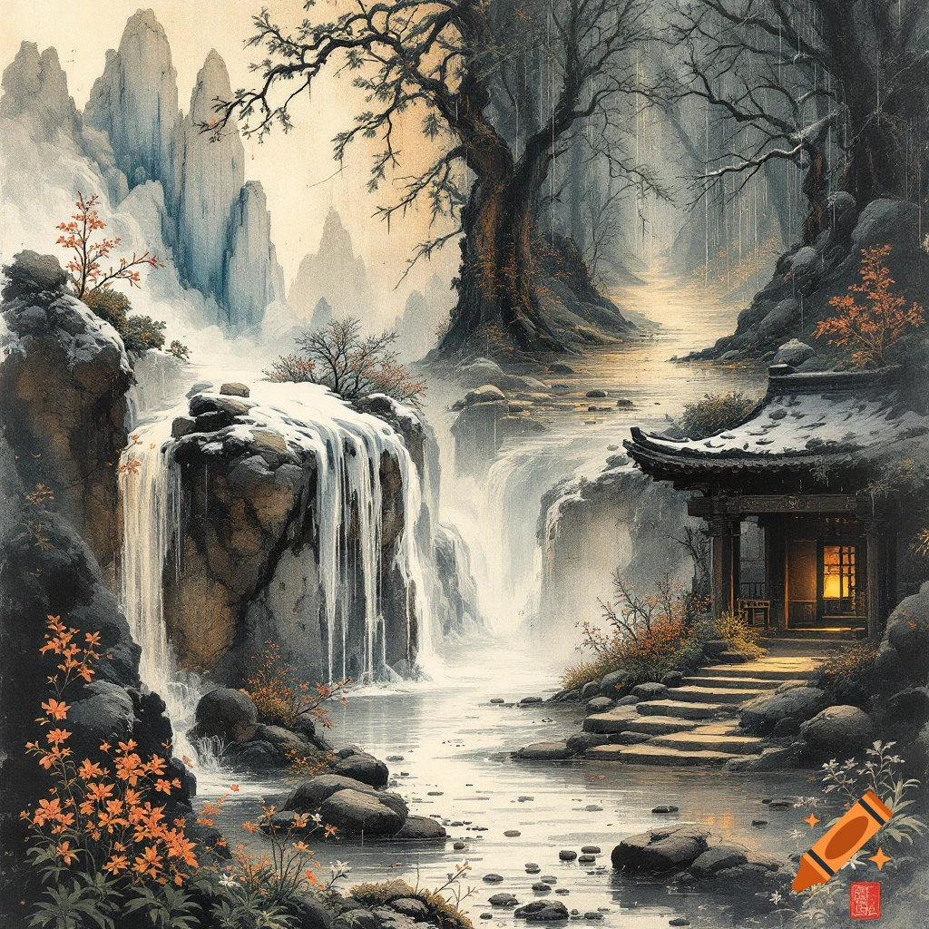 Chinese ink painting of a winter landscape with a waterfall, mountains, trees, and a small building.