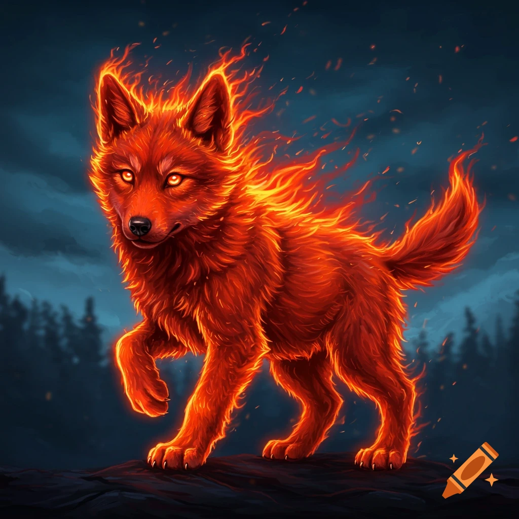 A red wolf puppy with fur made of fire stands on a rock with a forest in the background.
