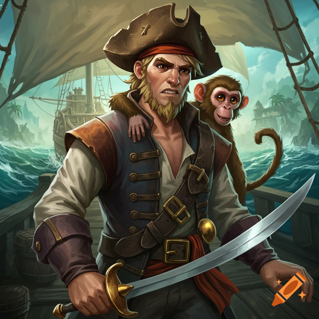 An illustration of an angry pirate with a monkey on his shoulder standing on a ship deck.