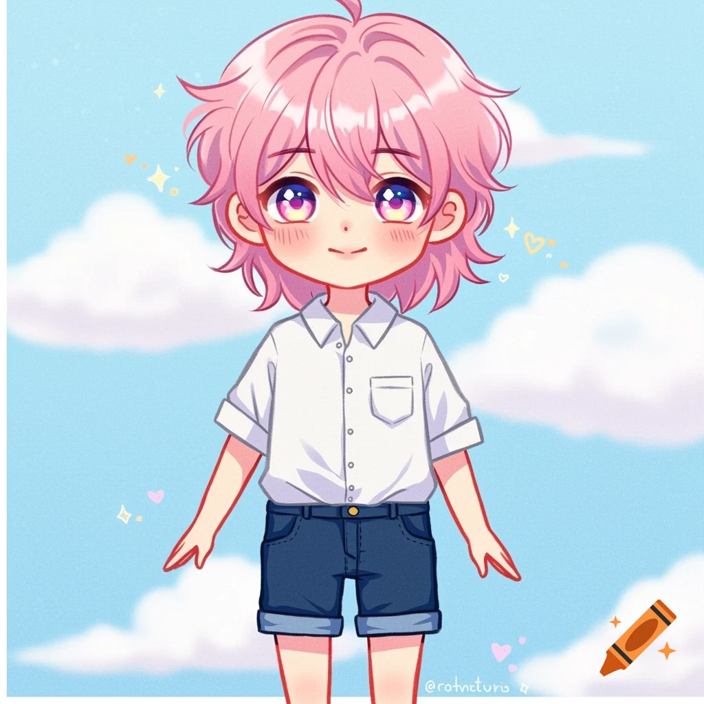 Cute anime boy with pink hair, white shirt, blue shorts, against a sky background.