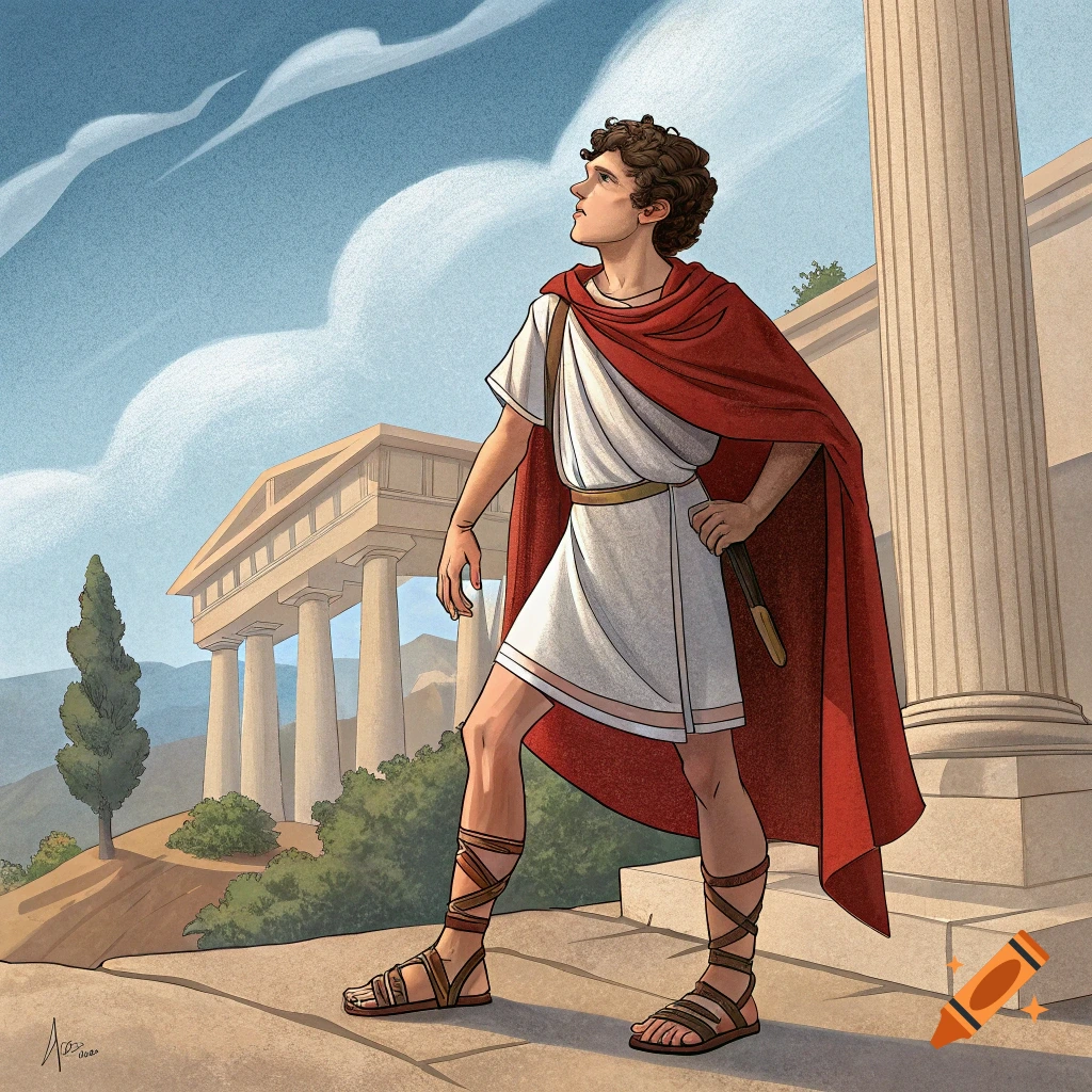 Illustration of a young man in a red cloak and tunic standing near an ancient Greek temple.