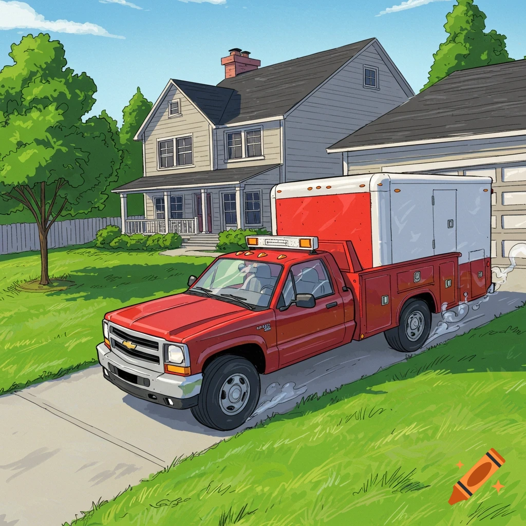 Red truck with white toolbody and enclosed trailer sliding sideways towards a house