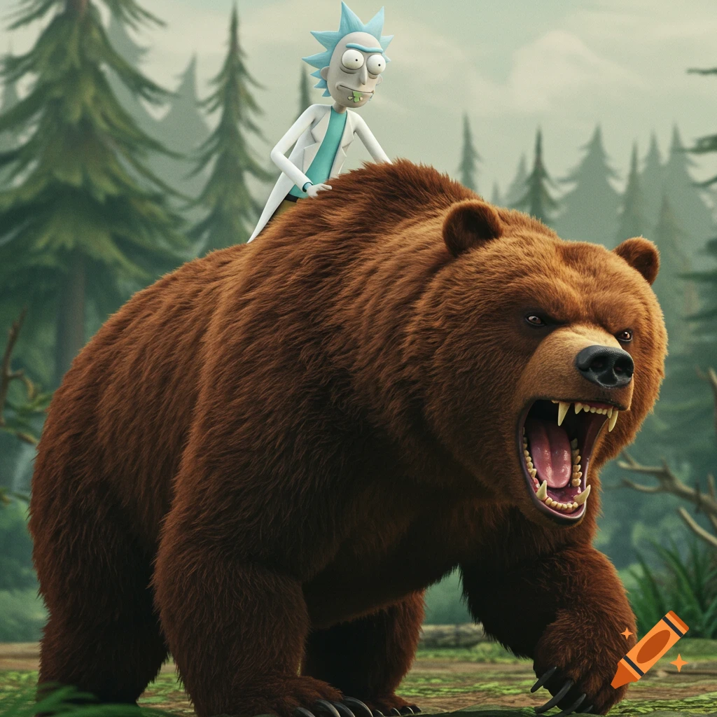 Rick Sanchez rides a roaring brown bear through a forest.