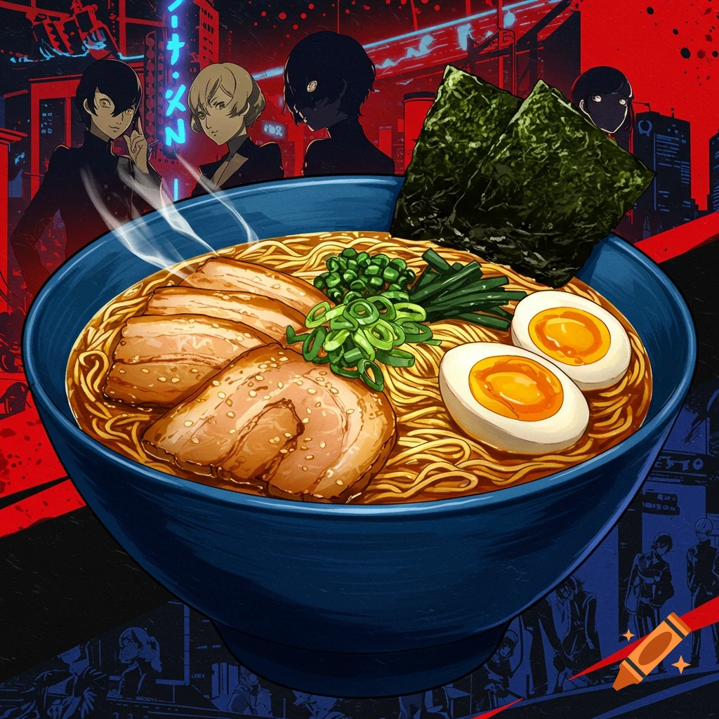 A bowl of ramen with meat, eggs, and seaweed in the foreground, with anime characters and a stylized city background.