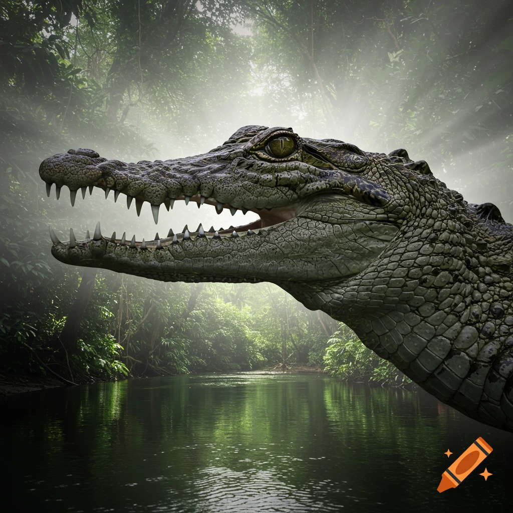 Close-up view of a crocodile's head with mouth slightly open, against a misty jungle river background.