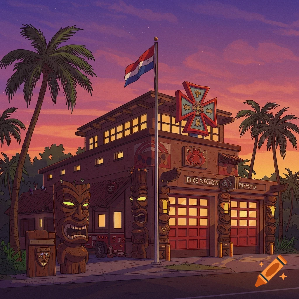 Tiki style Maltese cross fire station