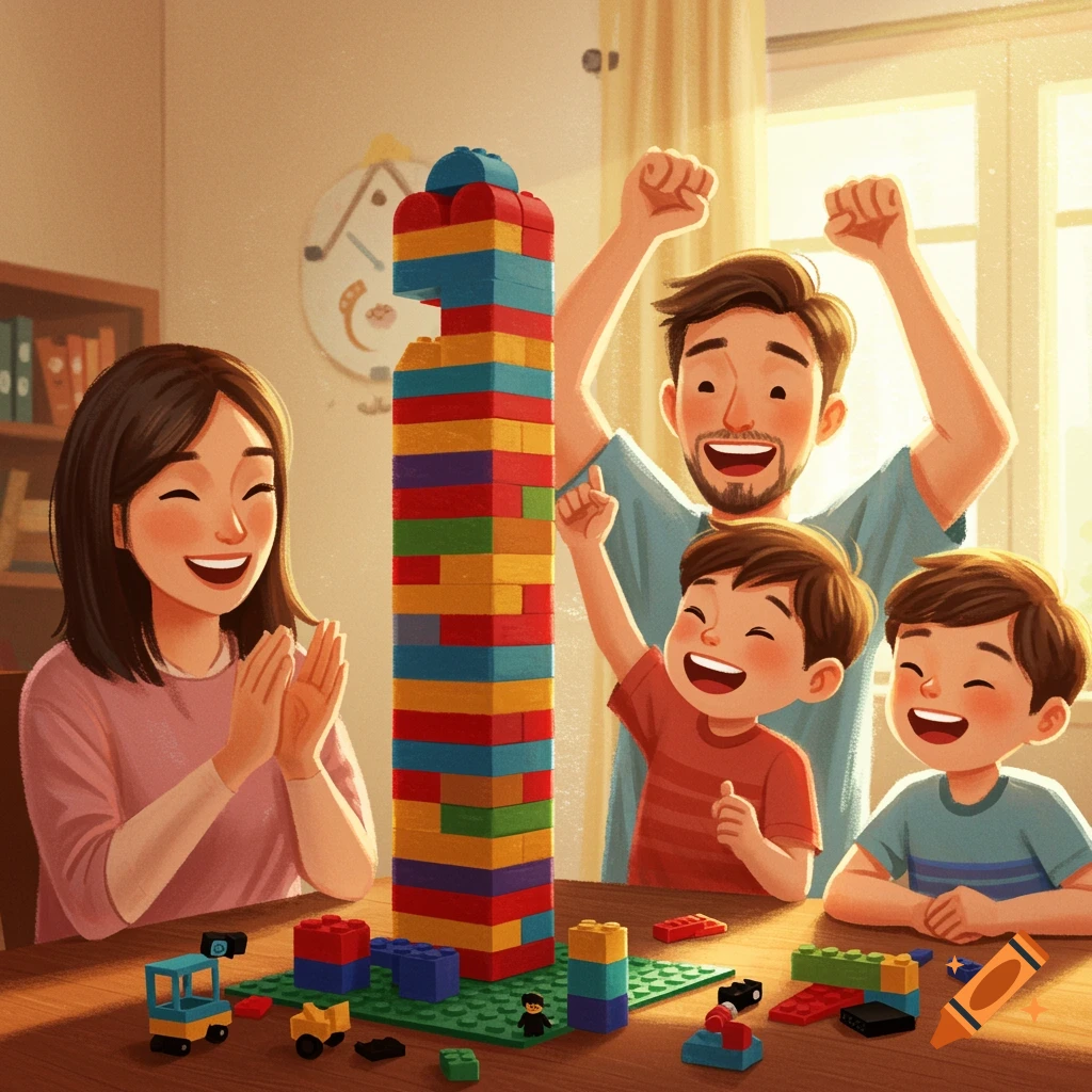 A happy family cheers around a tall tower built from colorful toy blocks on a table.