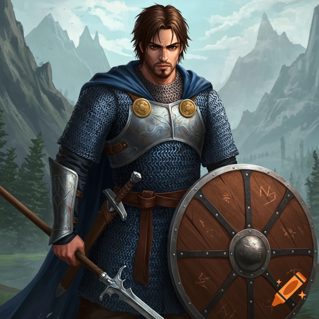 A fantasy warrior in chainmail armor holds a spear and shield in a mountainous landscape.