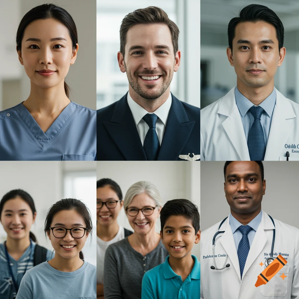 Collage of portraits: a nurse, pilot, doctor, students, and a second doctor.