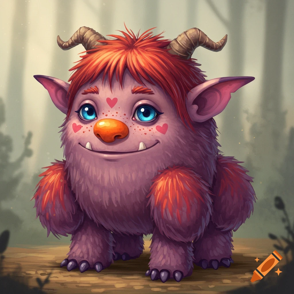 A cute purple monster with red hair, horns, blue eyes with heart pupils, and heart-shaped freckles.