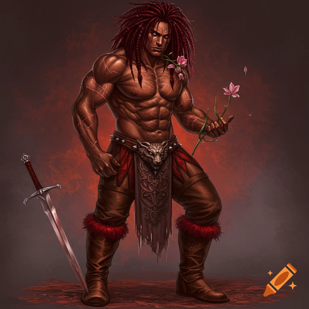 A muscular fantasy warrior with red dreadlocks holds a pink flower. A sword rests on the ground nearby.