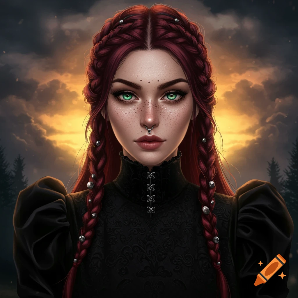 A gothic woman with red braids, green eyes, freckles, and a nose ring, against a cloudy sunset sky.