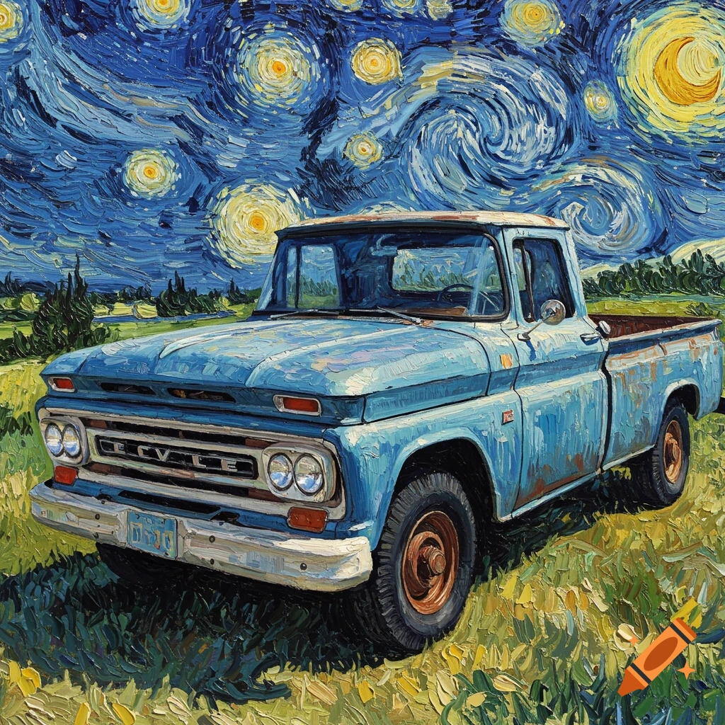 A blue pickup truck sits in a grassy field under a swirling, starry night sky, painted in the style of Van Gogh.