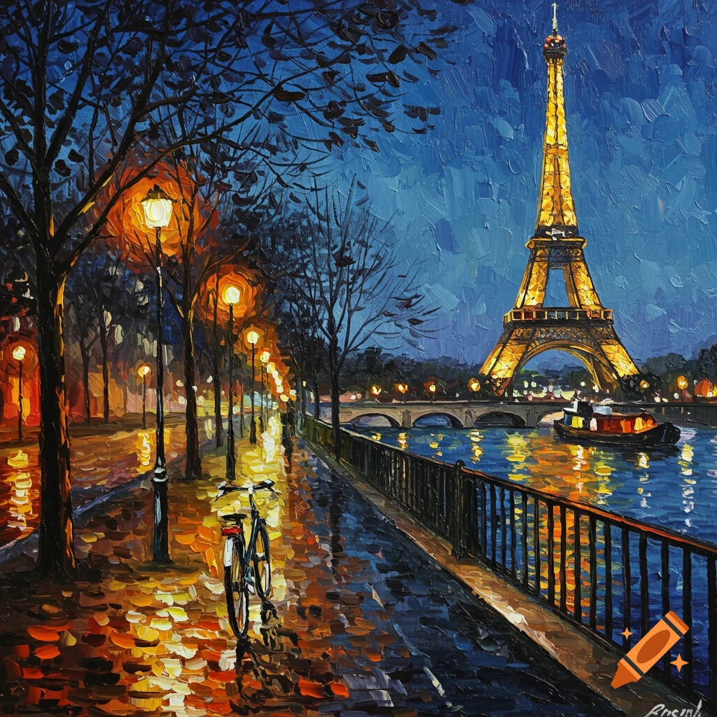 Impressionist painting of the Eiffel Tower and Seine river in Paris at night, with a sidewalk, trees, streetlights, and a bicycle.