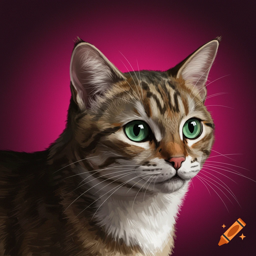 Close-up portrait of a tabby cat with green eyes against a magenta background, digital art style.