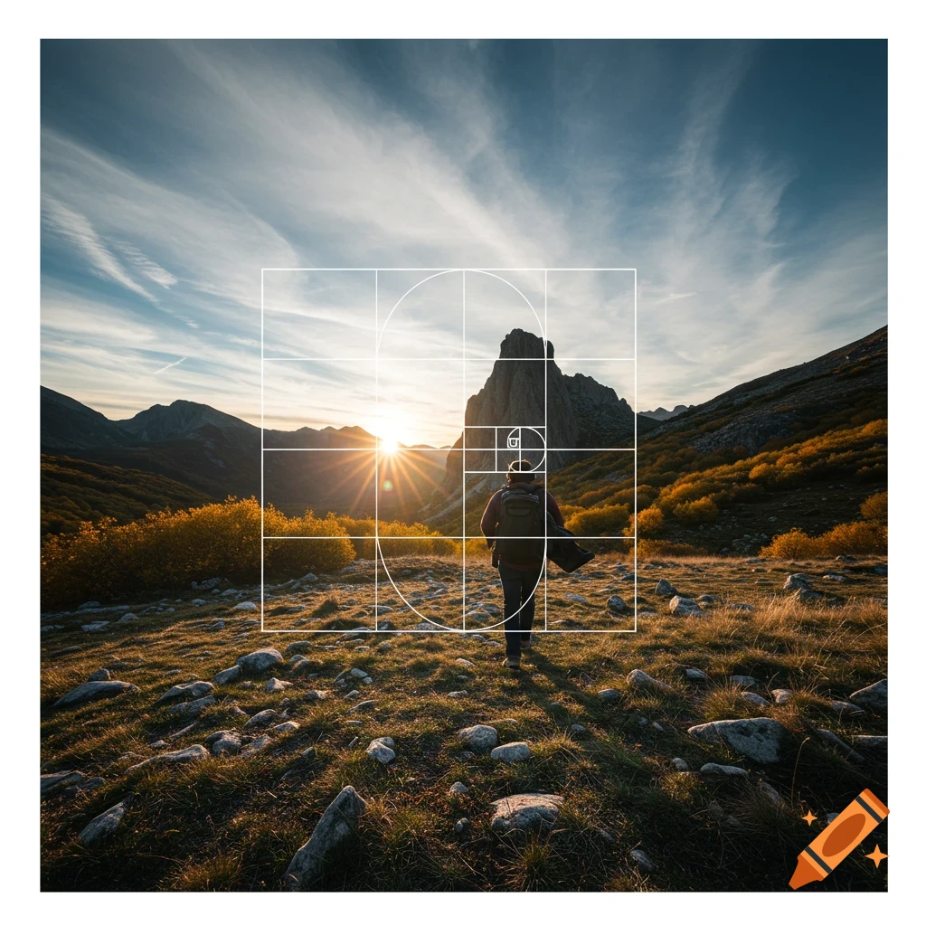 A hiker in a mountain landscape at sunset with a golden ratio grid overlay.