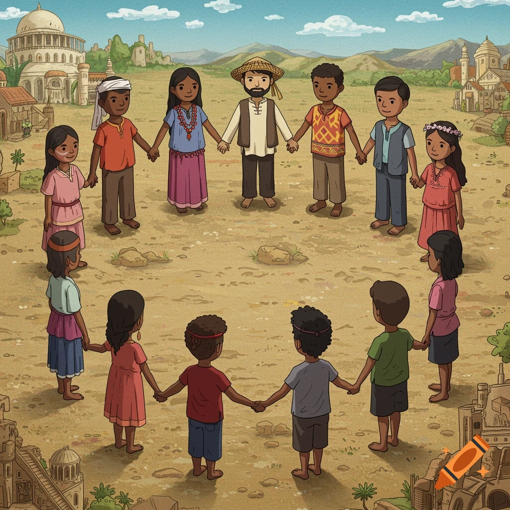 Diverse group of people holding hands in a circle, cultural backgrounds