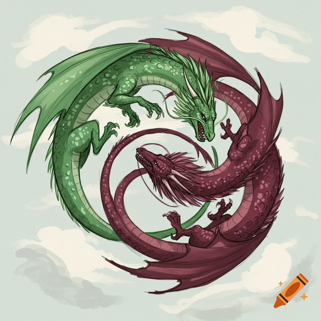 Two green and red dragons circling each other in a sketch art style.