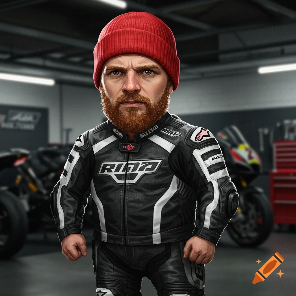 Stylized portrait of a man with a red beanie and beard wearing motorcycle racing leathers in a garage.
