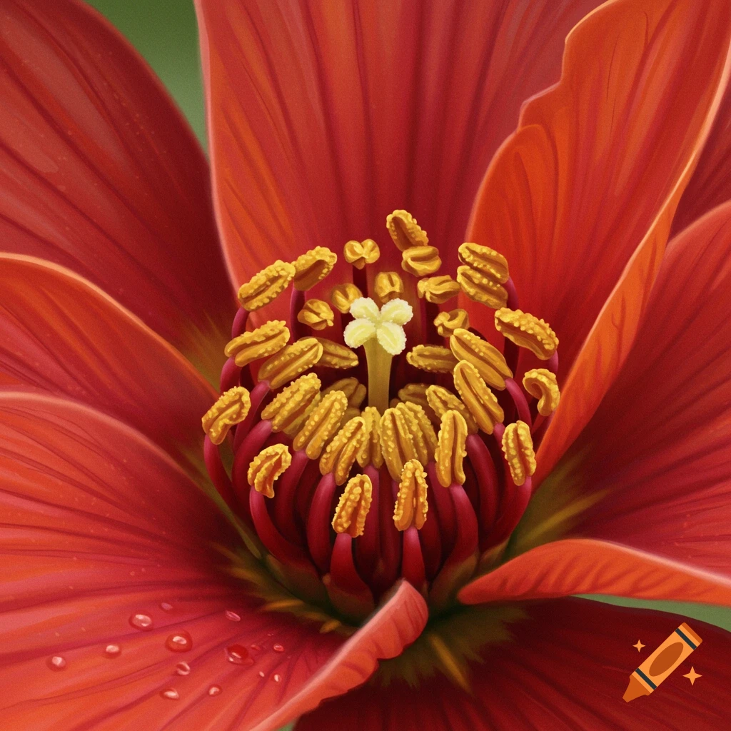 Close-up of the center of a red flower with yellow stamens and pistil, and water droplets on a petal.