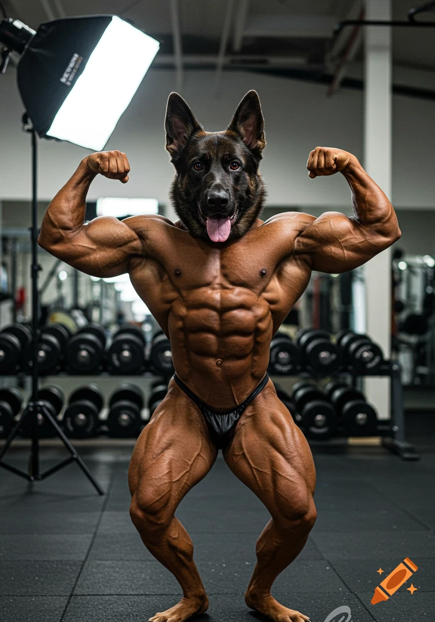 A bodybuilder with a German Shepherd dog head flexes muscles in a gym.